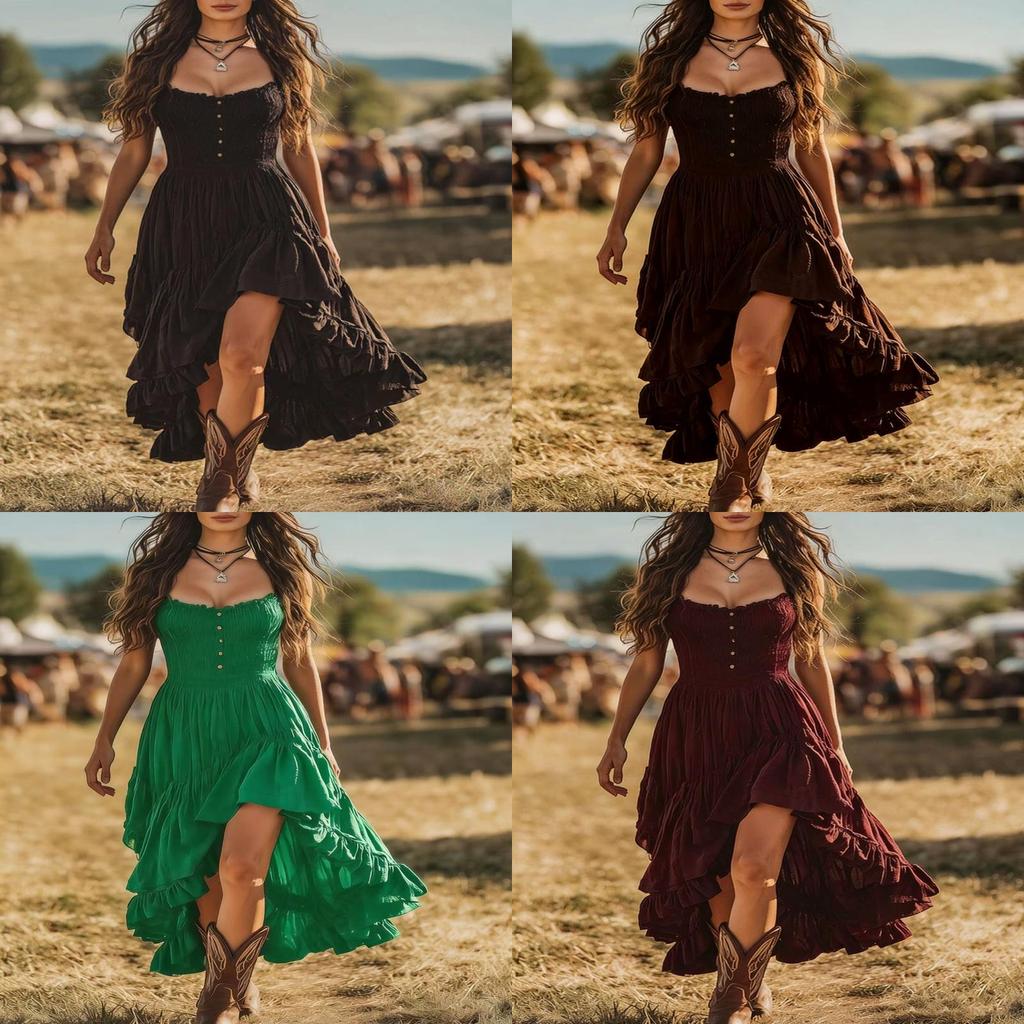 Vestido de Verano Estilo Bohemio con Dobladillo Fruncido y Falda Irregular para Salidas Casuales