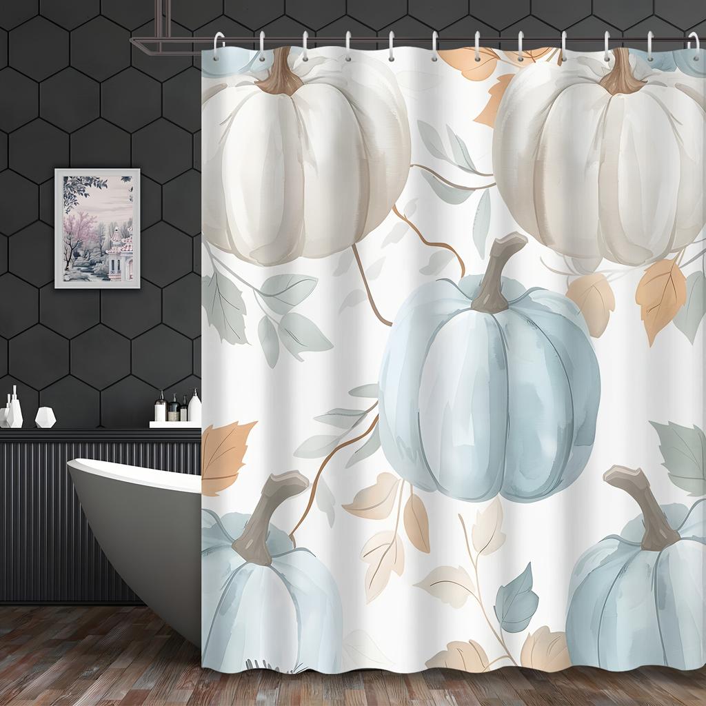 Watercolor Autumn Shower Curtain - Blue Pumpkin & Maple Leaf Design, Cartoon Vegetables Theme, Grommet Top, Hooks Included