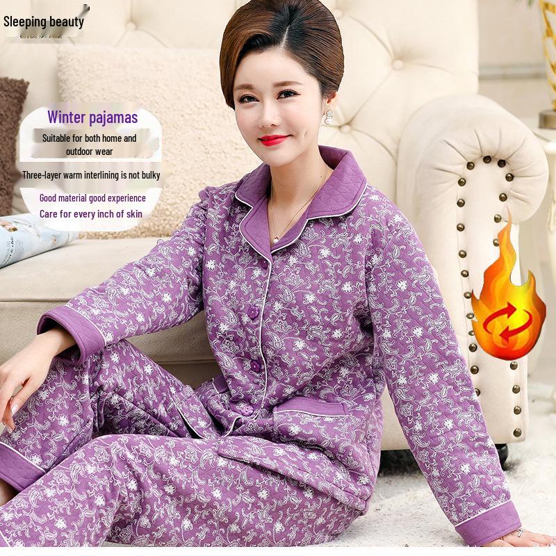 Women's Thick Warm Knitted Cotton Pajamas for Autumn/Winter - Middle-Aged & Elderly Sleepwear, Versatile Home & Outdoor Wear