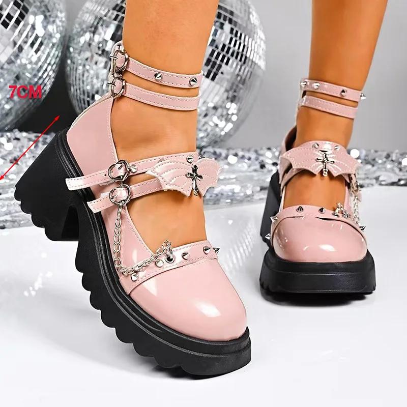 

Fashion Pink Lolita Wedges Pumps for Women Rivet Metal Chain Chunky Platform Mary Jane Shoes Ankle Buckle Thick Sole Uniform Shoes 40 розовый