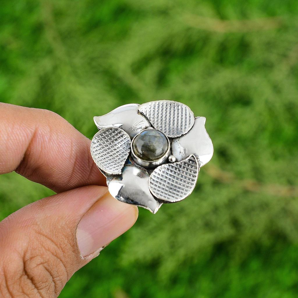 Natural Labradorite 925 Silver Stackable Flower Adjustable Ring For Women