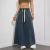 Womens Denim Maxi Skirt Elastic Waist With Drawstring Loose A-Line Swing Street Style