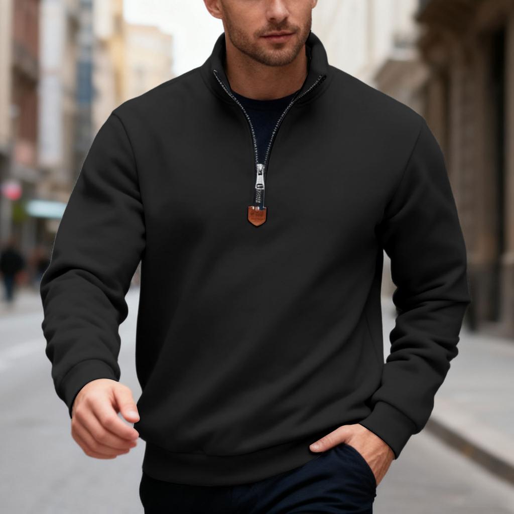 Men's Autumn/Winter Heavyweight Fleece Sweatshirt with Embroidered Logo Design, Half-Zip Stand Collar
