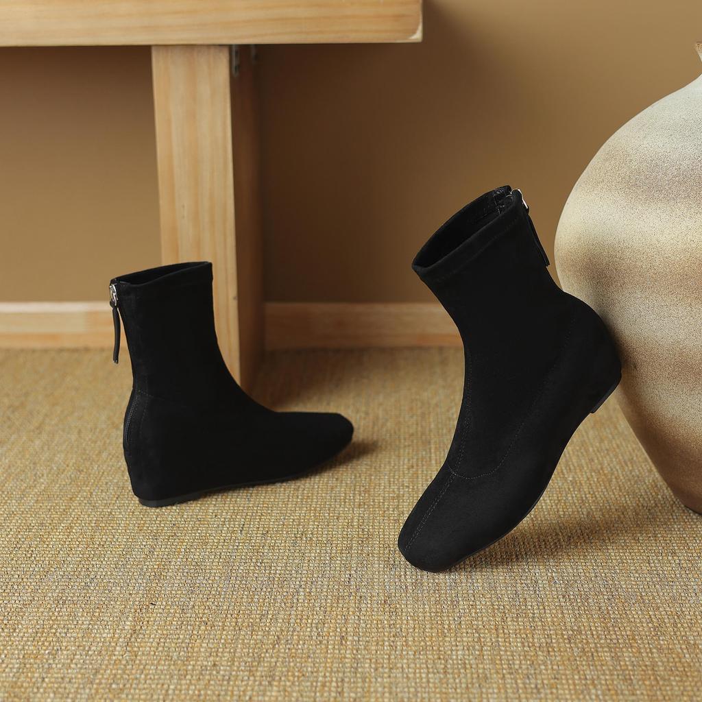 Krazing Pot Flock Autumn Winter Shoes Retro Fashion Wedges Heels Size 43 Zipper Square Toe Keep Warm Ankle Boots