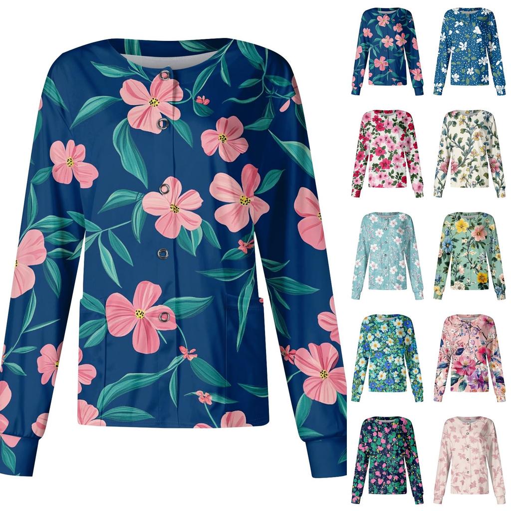 Women Casual Long Sleeve Single Breasted Floral Print Cardigan Button Down Top for Work or Everyday Wear Lightweight Layering Shirt