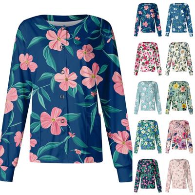 Women Long Sleeve Button Front Floral Print Medical Scrub Jacket Lightweight Comfortable Fit Nursing Workwear Top