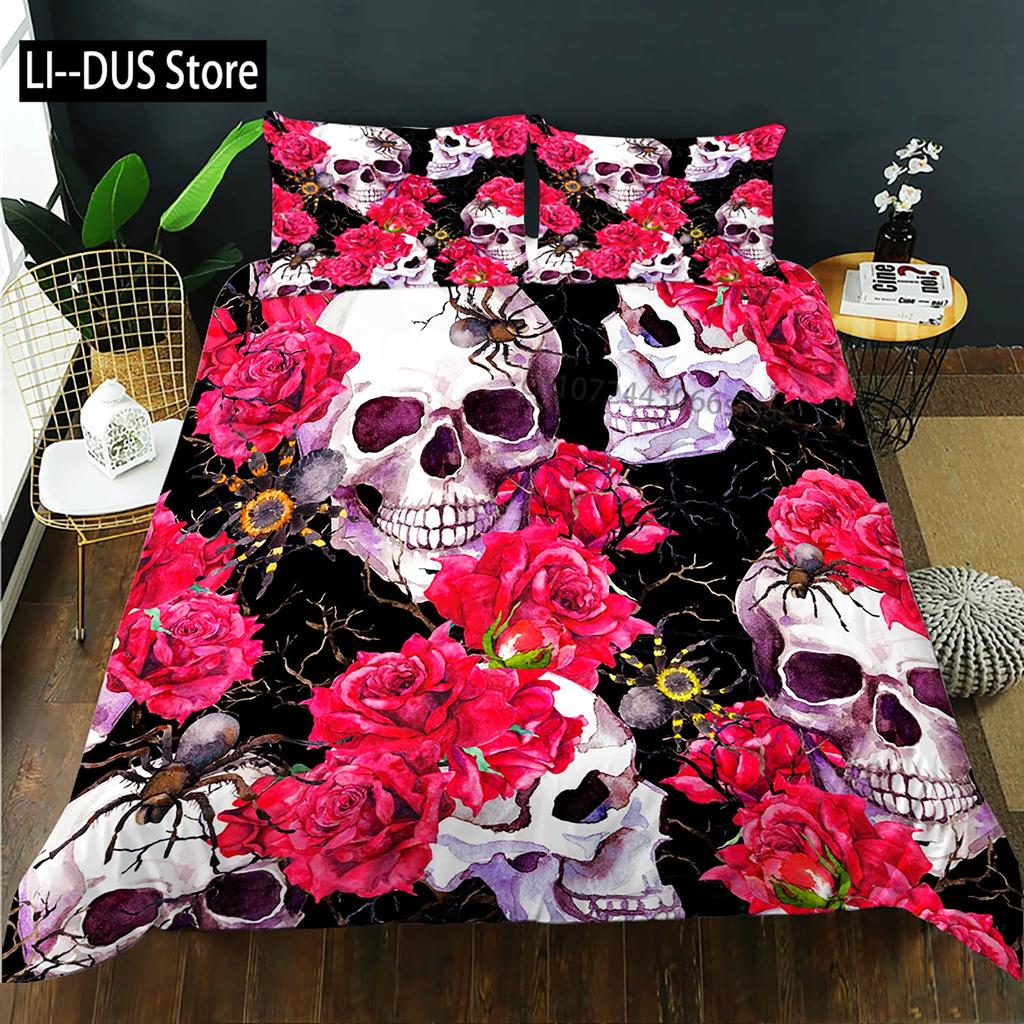 Sugar Skull Bedding Sets Queen King Full Size For Kids Colorful Flower Skeleton Bedding Decor Set With Pillowcases Room Decor