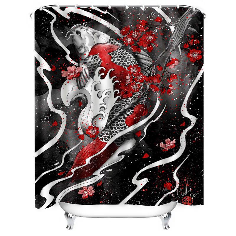High-Quality Decorative Shower Curtains with Japanese Koi Fish Print Black Red Floral Design for Bathroom Decoration Easy Instal