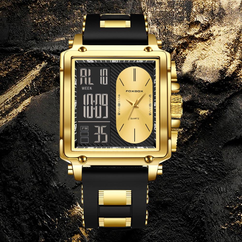 FOXBOX Top Brand Luxury Men Watch Fashion Square Watch Men Casual Sports Waterproof Double Display Watch Relogio Masculino
