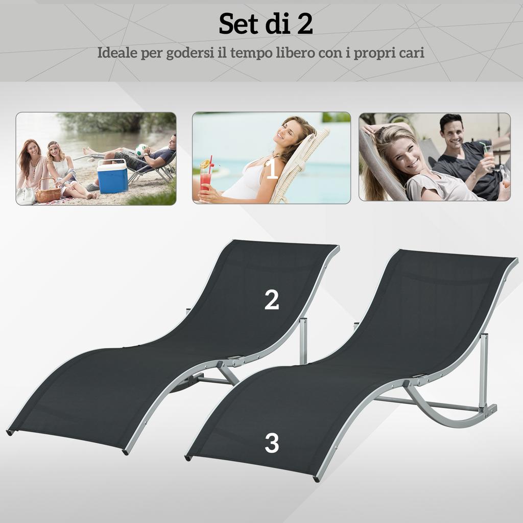 Set of 2 Folding Garden Loungers In Aluminum and Texteline. 61x165x63cm. Black