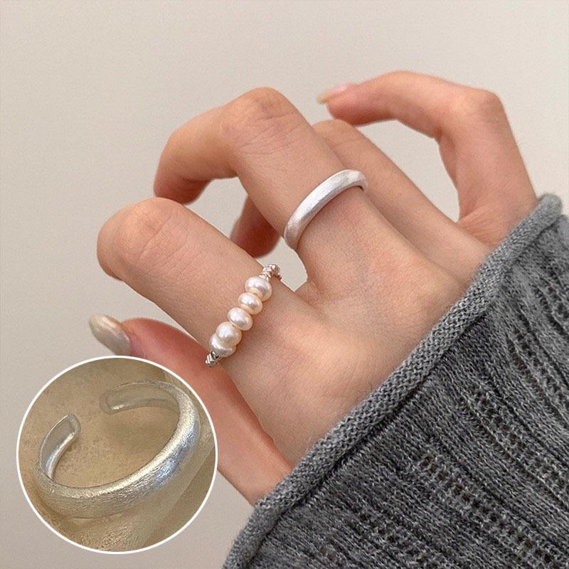 Bague ouverte vintage en argent S925 plaqué perle pour femmes