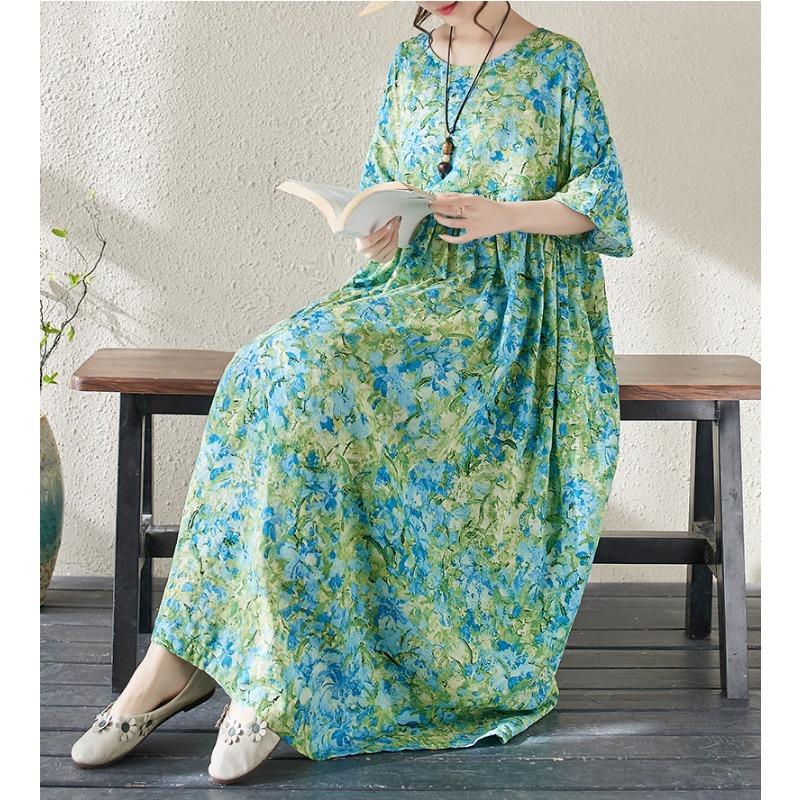 Dimanaf Women Dress Summer Plus Size Beach Sundress Linen Bohemian Print Flowers Fashion Lady Vestidos Loose Casual Long Dress Oversize 9079