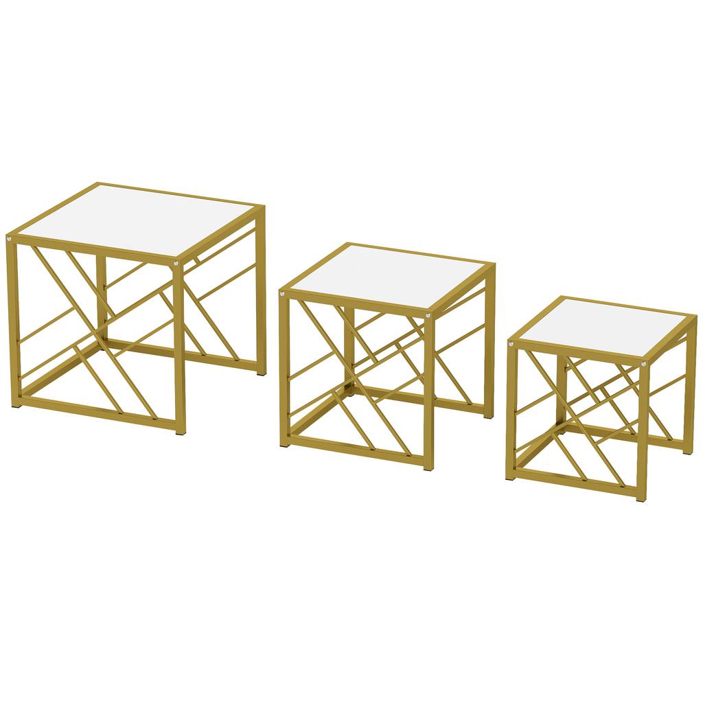 Nesting Coffee Tables, Set of 3 Square Side Tables with Black Metal Frame, for Living Room, Bedroom and Office, White