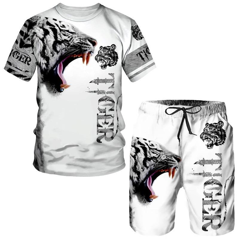 Summer Men's 3D Tiger Print Men's T-shirt Suit Casual Sportswear Streetwear Male Clothing Tracksuit Outfit Shorts 2 Pieces