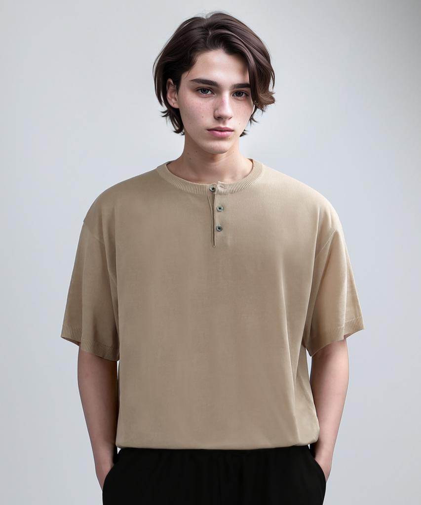 VERYVAIN Henley Neck Half Mesh-Knit (Beige)