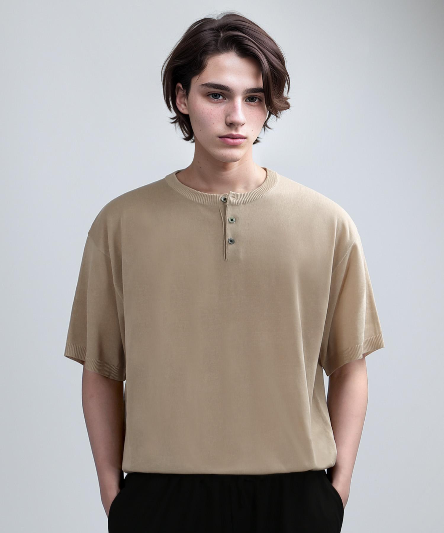 Berry Vein Henley Neck Half Mesh-Knit (Beige) L