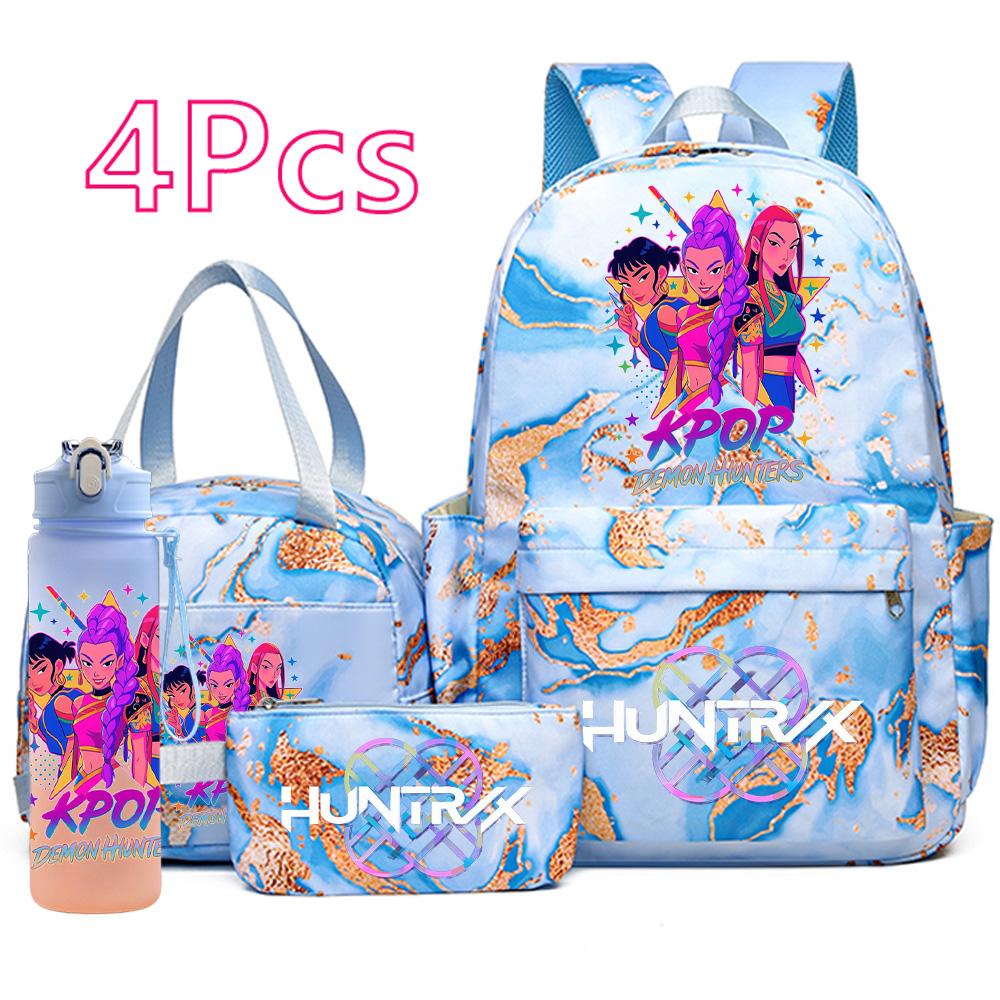 4 шт./компл. Рюкзак, сумка, пенал с мультяшным K-pop принтом и бутылкой для воды 750 мл для мальчика-подростка, школьная сумка, большая вместимость, сумка для книг, Mochila