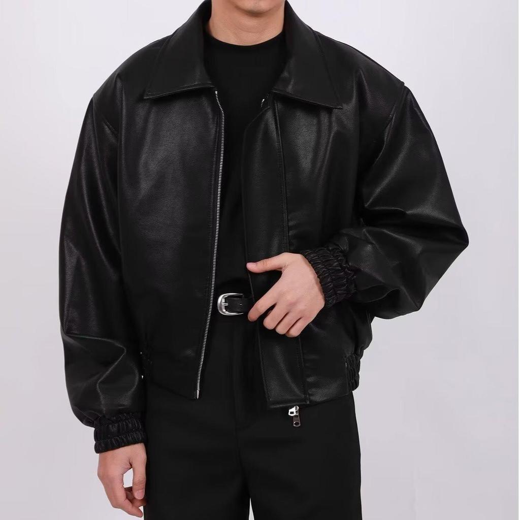 Men's American Retro Cleanfit Leather Jacket - Autumn/Winter Solid Color Loose Fit Cotton Trend