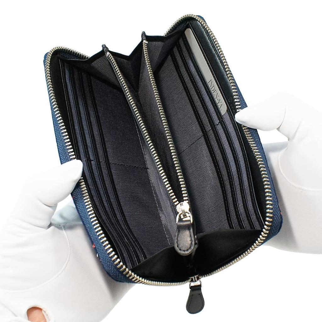 Inden Long Round Nagomi Dragonfly Navy Blue with Black and Red 7528 [Inden-ya] Wallet, Zipper, Deerskin, Pattern, Lacquer,