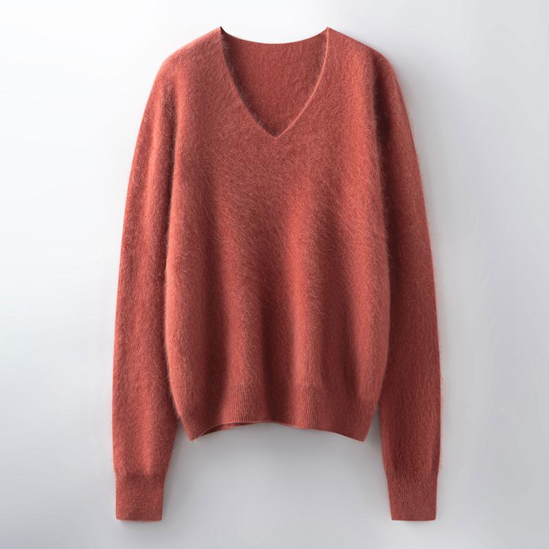 V-Neck Wool Cashmere Loose Brushed Sweater - Solid Color, Versatile, and Skin-Friendly Knitwear