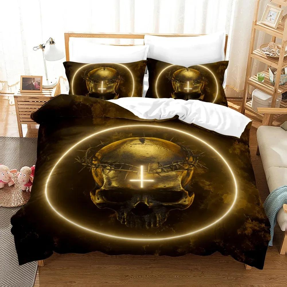 Skull Duvet Cover King Queen Christ Religious Themed Quilt Cover Teens Adults Scary Skeleton Jesus Death Polyester Bedding Set