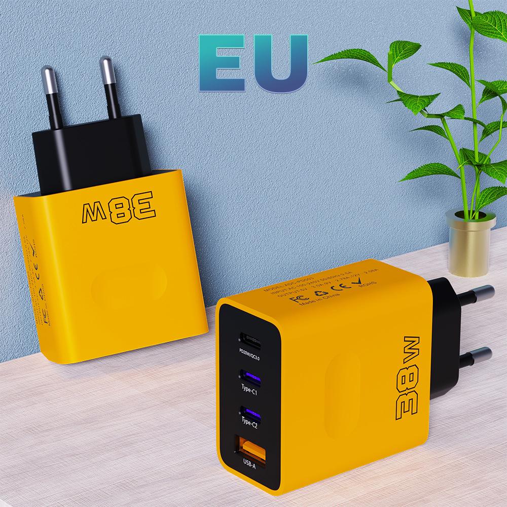 38W Multi-Port Travel Charger with 3 Type-C & 1 USB, EU/UK Plug, 3PD Fast Charging