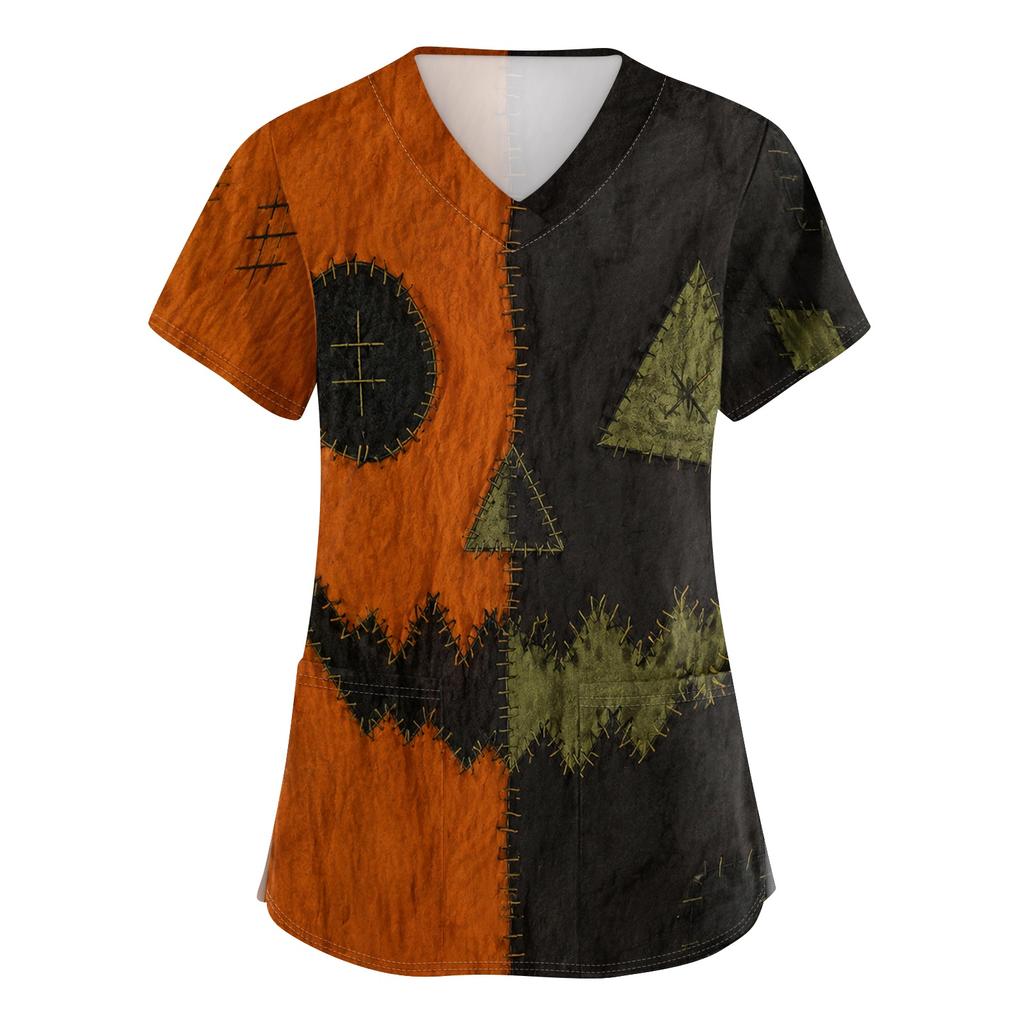 Women V Neck Halloween Print Short Sleeve Medical Scrub Top with Pocket Side Slit Workwear Uniform Shirt for Healthcare Professionals