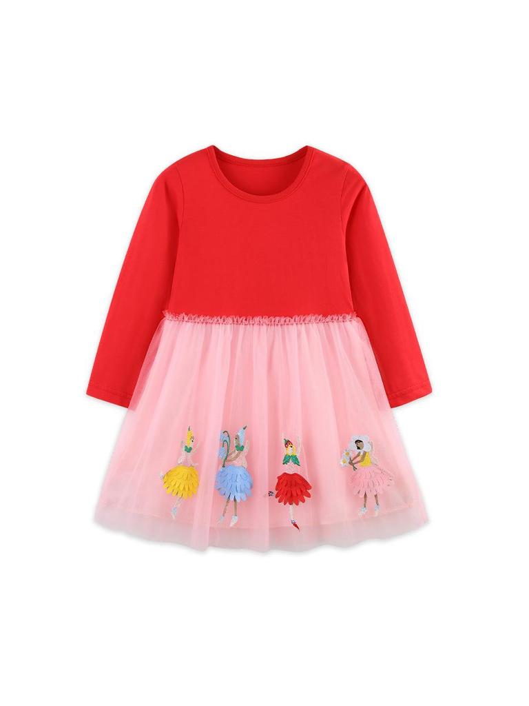 Autumn Mesh Embroidered Princess Dress for Girls - Knitted Cotton Patchwork Skirt