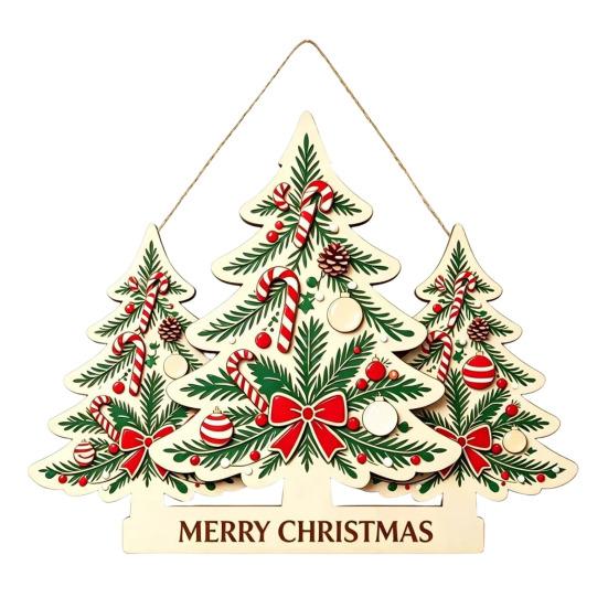 Winter Festive Home Decorations Christmas Wooden Sign Hanging Ornament, Multi-Layer Tree Wood Plaque Rustic Holiday Wall Decor with Rope, Merry