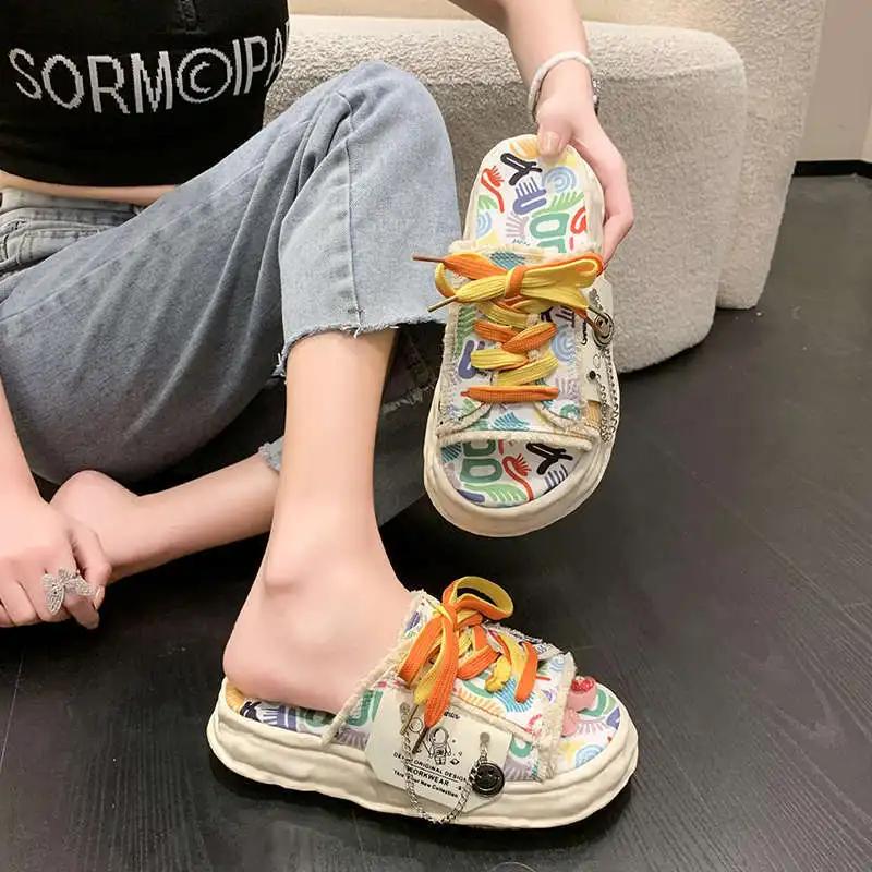 Fashion Canvas Graffiti Women's Slippers and Ladies Sandals New Collection H Sandal 2025 Trend Summer Slides Sale Original Stylish Shoes