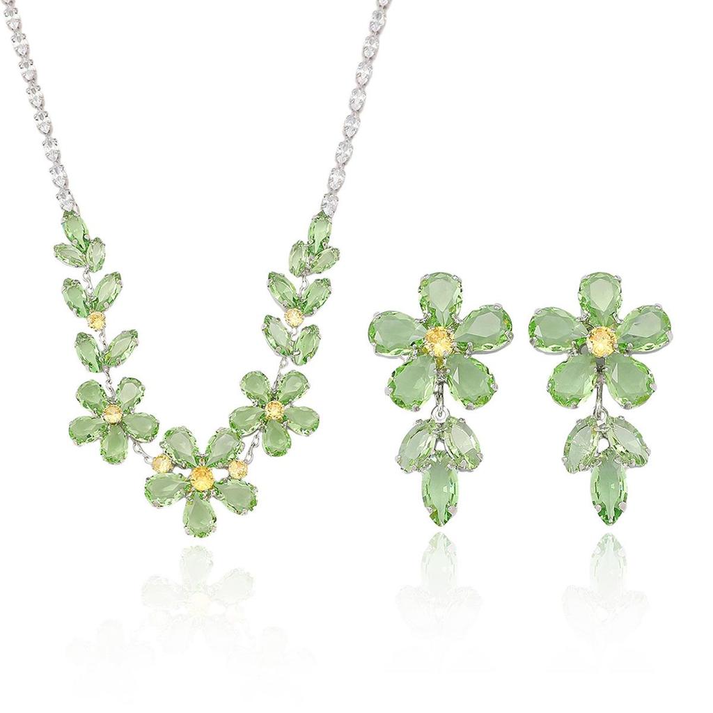European & American Style Zircon Plum Blossom Necklace & Earrings Set – Green, Transparent, Chic Clavicle Design