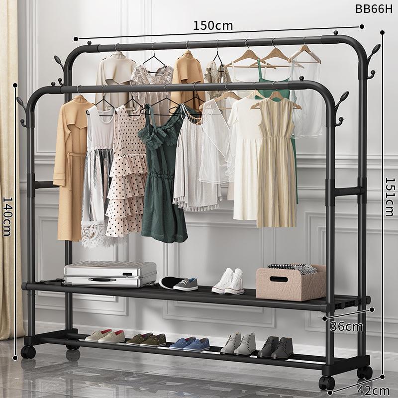 Minimalist Indoor Floor-Standing Coat Rack with Double Pole and Shelf for Bedroom or Balcony