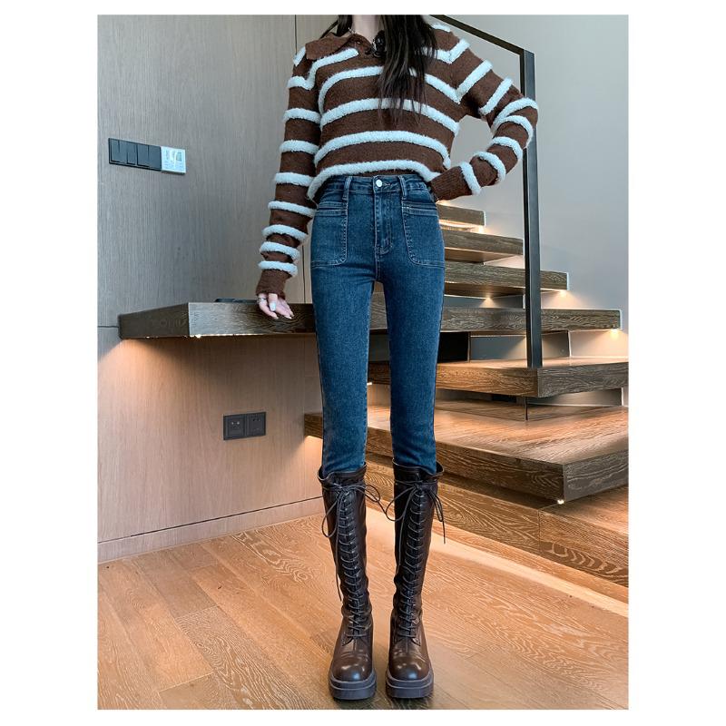 

2025 Autumn Women s High Waist Skinny Jeans: Retro Slimming Elastic Pencil Pants 26 синий/серый