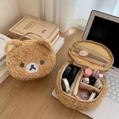 1PC Ladies Cute Plush Bear Makeup Bag - Portable Travel Bag, Embroidery, And Mesh Compartments For Storing Daily Essentials
