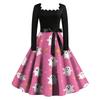 Women Vintage Long Sleeve Square Neck Dress Halloween Party Printed Full Skirt Retro Style Midi Dress with Waist Tie