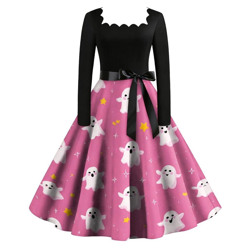 Women Vintage Long Sleeve Square Neck Dress Halloween Party Printed Full Skirt Retro Style Midi Dress with Waist Tie
