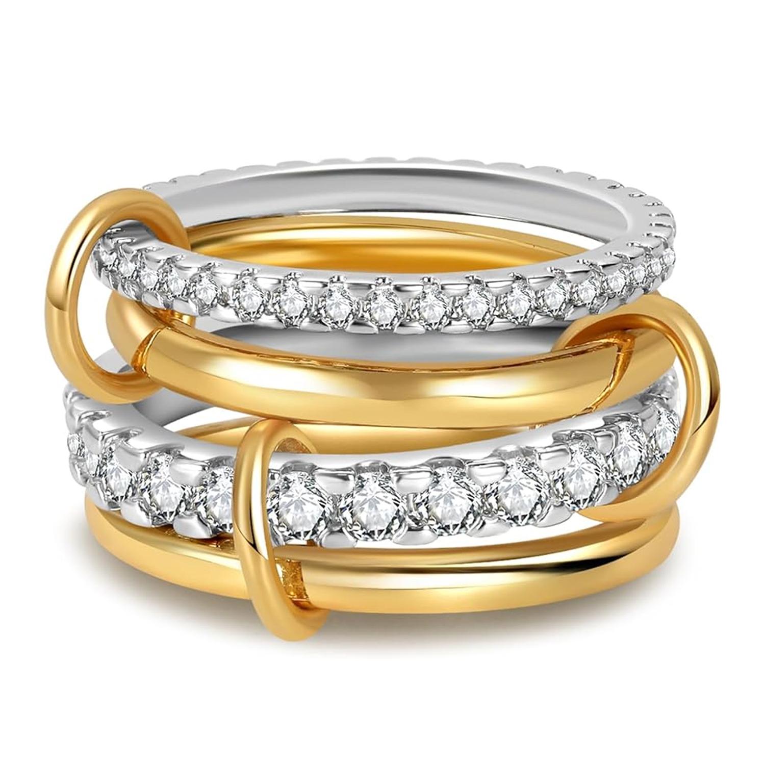 

5A Cubic Zirconia Interlocked Stackable Rings for Women 18K GoldPlated Statement Stack Set Ring Stainless Steel Stacking Zircon 6