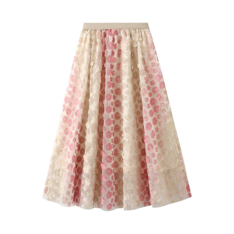 

Women s Heavy Embroidery Floral Mesh Long A-line Skirt One Size рожевий