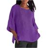 Seven Quarter Sleeve Pleated Round Neck Top Cotton and Linen Women’s Blouses & Shirts