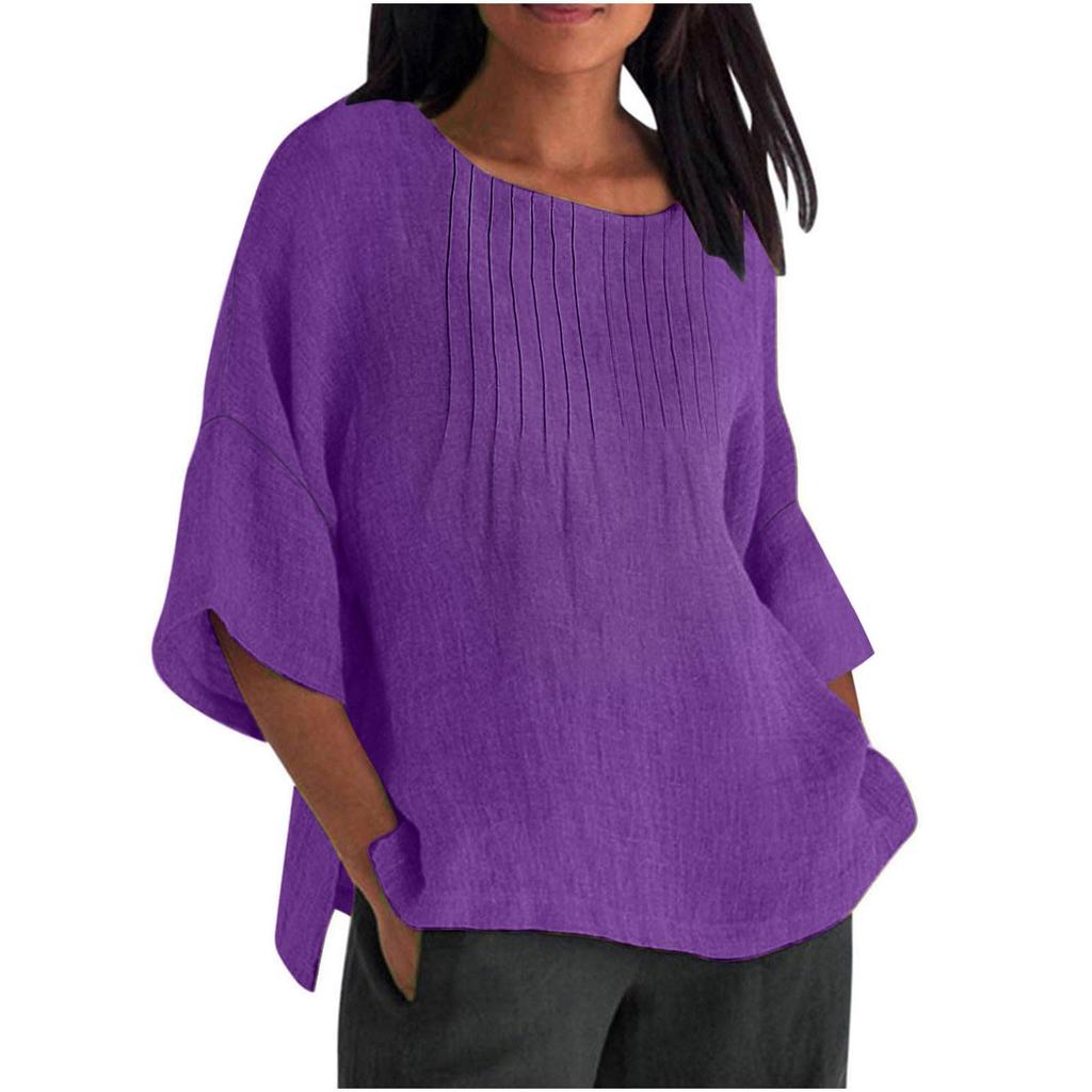 Seven Quarter Sleeve Pleated Round Neck Top Cotton and Linen Women’s Blouses & Shirts