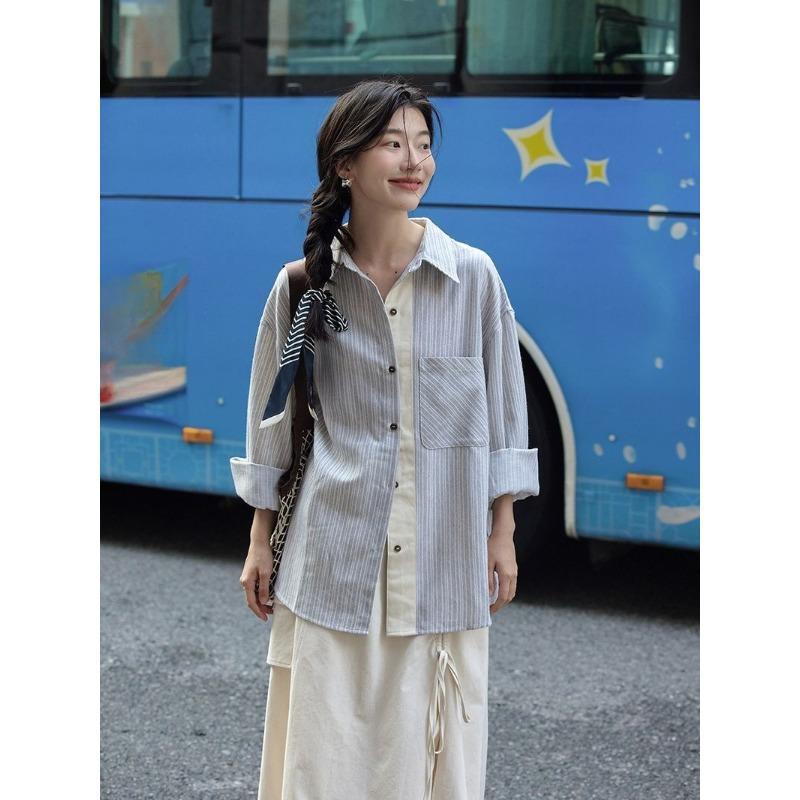 Striped Women's Long Sleeved Shirt Fashionable Contrasting Single Pocket Blouses Korean Commuting Style Lady Clothing