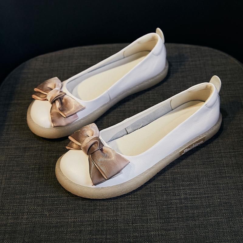 Genuine leather flat-soled soft-soled soft leather single shoes shallow-mouth bow Doudou shoes women s versatile Mori grandma shoes summer 35