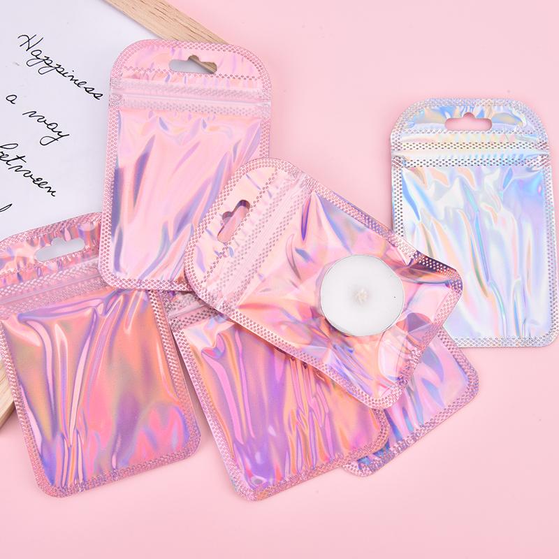 50Pcs 4 Styles Laser Packaging Bag Flat Cosmetic Bag Holographic Mini Bags