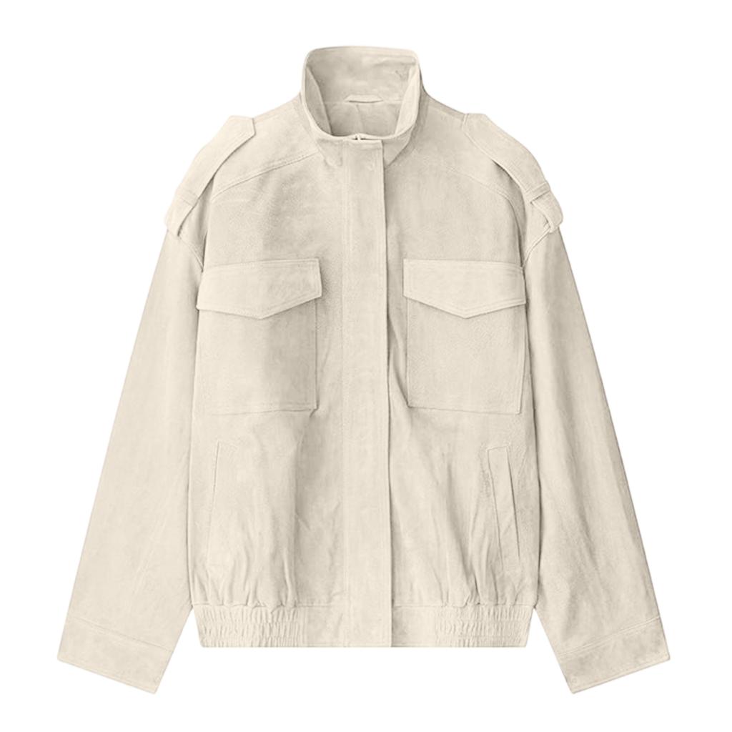 Women's Fashionable Long-sleeved Stand-up Collar Suede Pocket Fleece Texture Jacket