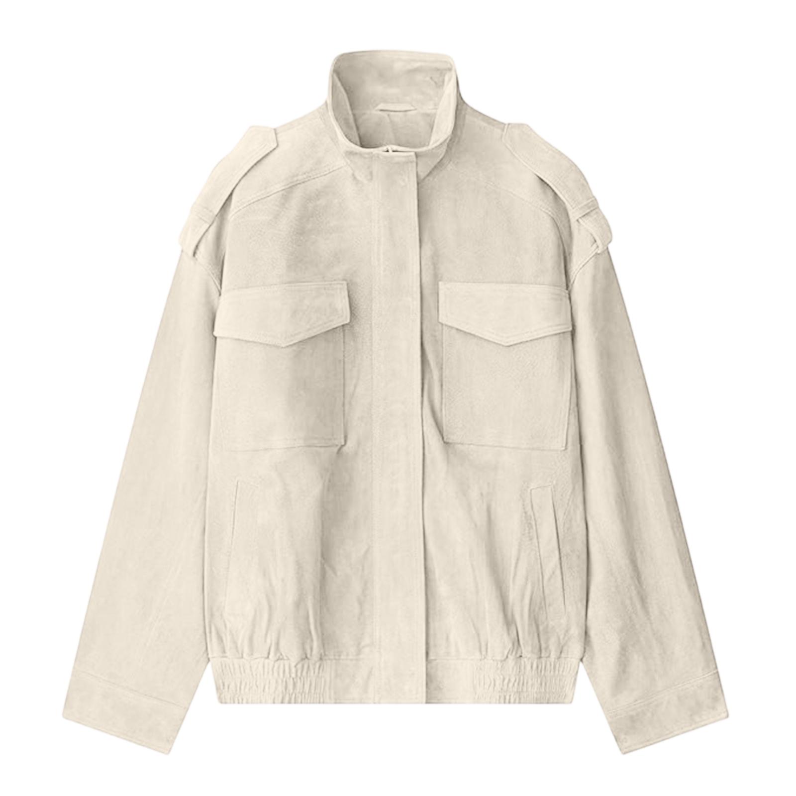 

Women s Fashionable Long-sleeved Stand-up Collar Suede Pocket Fleece Texture Jacket XS белый