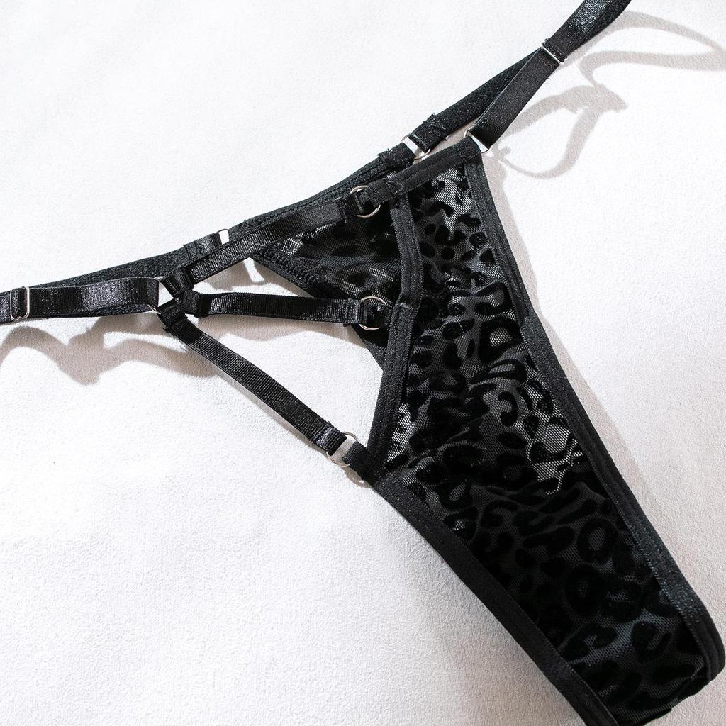 Leopard Print Underwire Push-Up Lingerie Set - Sexy, Sheer, Flocked 4-Piece