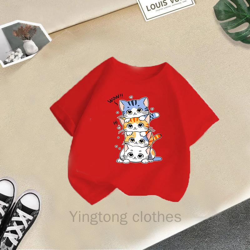 

Children s Clothing, Girls T-shirts, Short Sleeves, Summer New Item, Round Neck Print, Cute Cat Loose Top for Girls 150cm