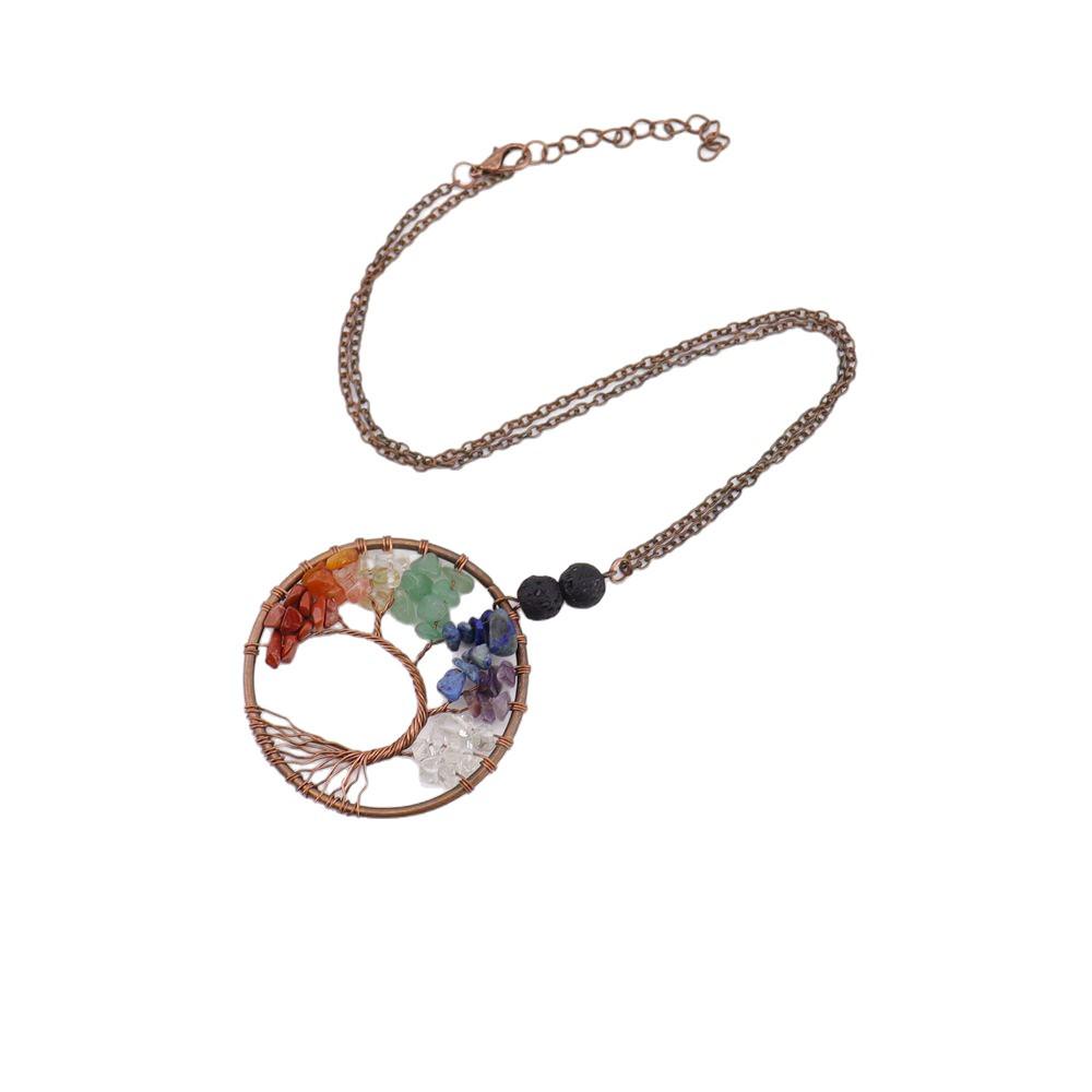 Natural Stone Agate Tree of Life Necklace with Crystal Volcanic Rock
