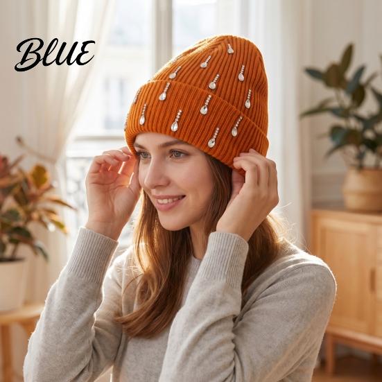 Holiday Gift for Women Waterdrop Rhinestone Knit Hat, Bling Stretchy Winter Cuffed Knitted Stylish Hat Skull Cap Men Cold Weather Daily Wear