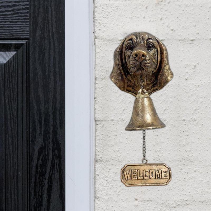 Dog Head Resins Statue Doorbell with Welcome Sign Farmhouses Entryway Wall Hanging Bells Ornament Easy Installation